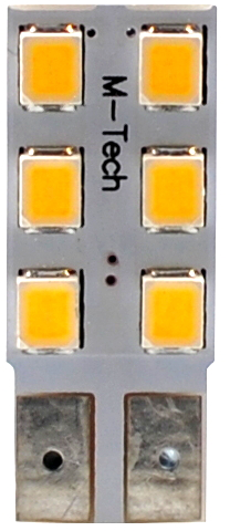 Egy téglalap alakú LED-es lámpatábla közeli képe, hat sárga fénnyel.