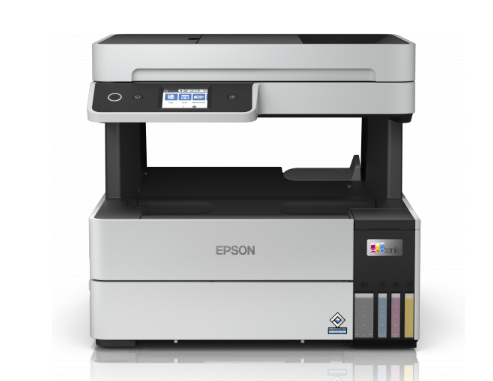 Ein weißer und grauer Epson-Drucker auf weißem Hintergrund.