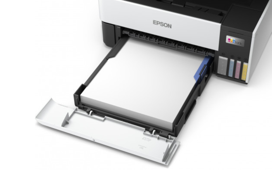 Ein Epson-Drucker mit ausgezogenem Papiereinzug.