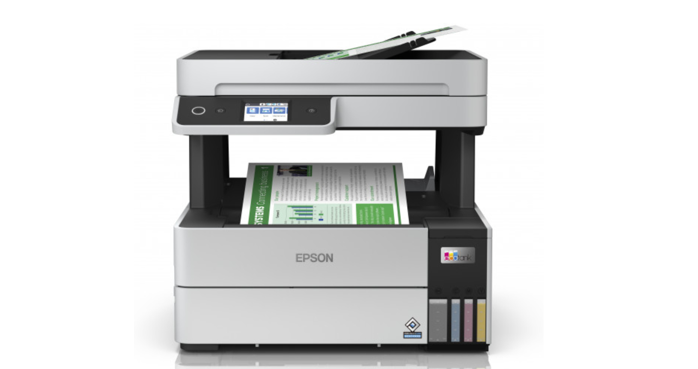 Epson Multifunktionsdrucker mit Papier im Einzug, weißer Hintergrund.
