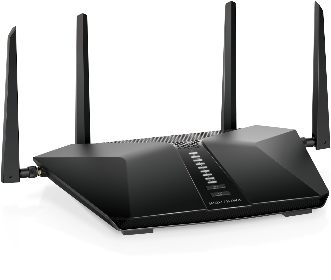 Black Netgear Nighthawk router with antennas, angled view.