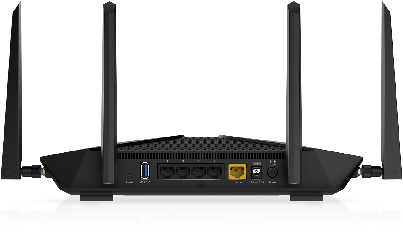 A black router with antennas, ports, and power buttons.