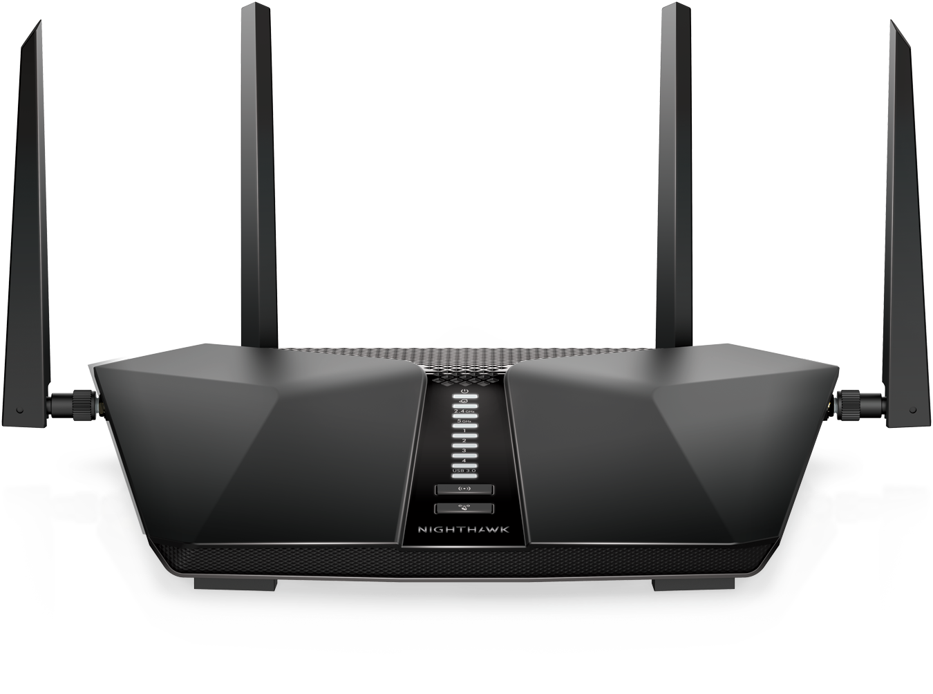Black router with 4 antennas. The front has lights and the word "NIGHTHAWK".