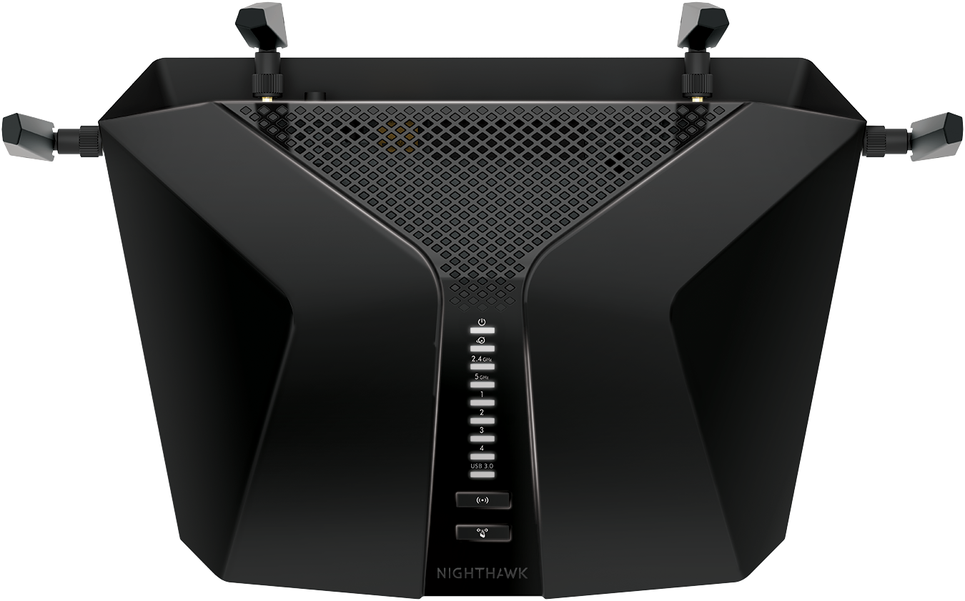 A black Nighthawk router, top view.