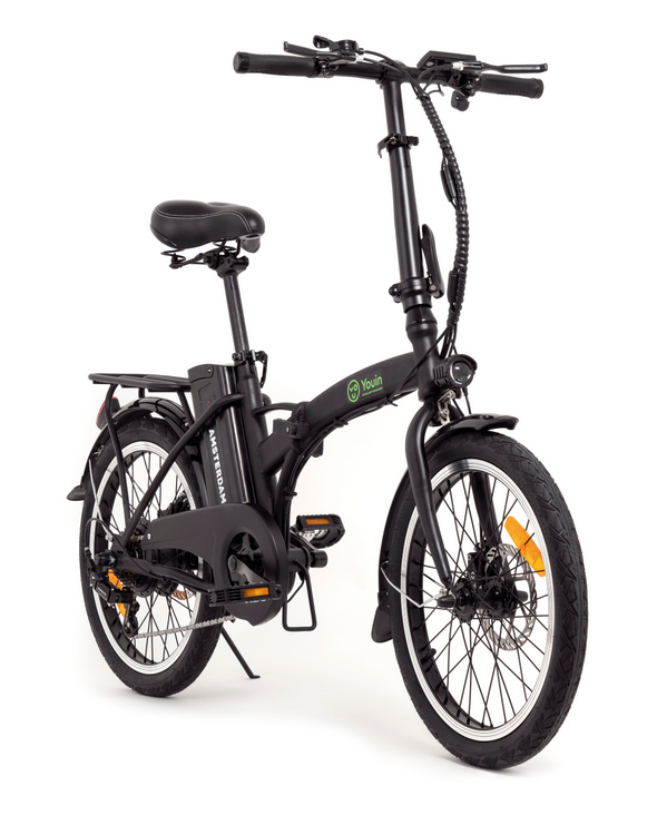 Bicicleta eléctrica negra con logo Youin, sobre fondo blanco.