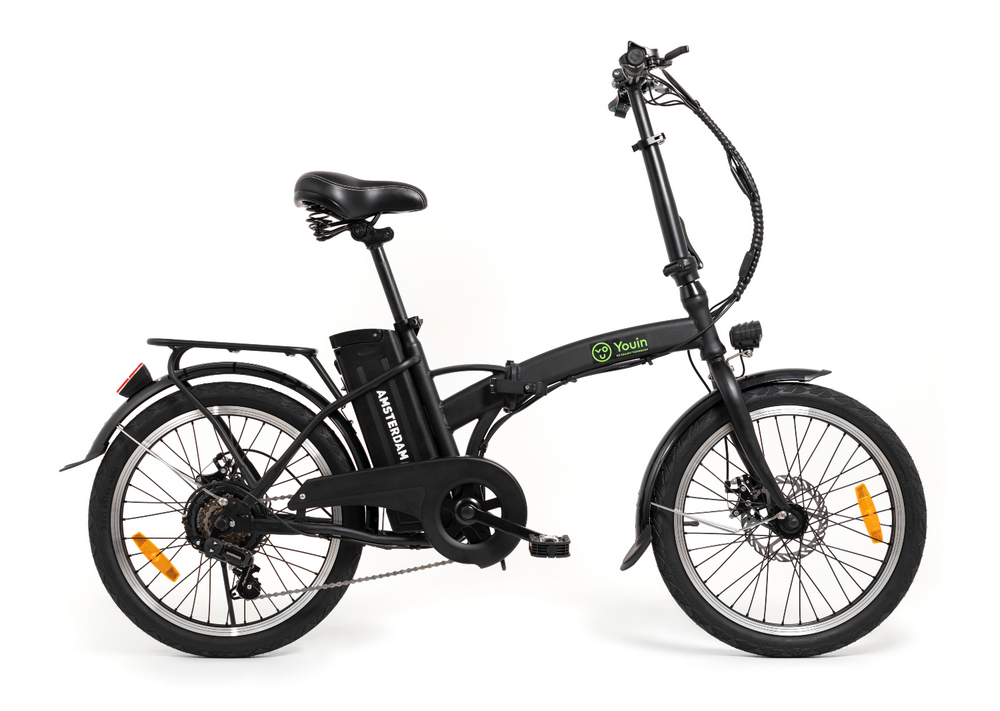 Bicicleta eléctrica plegable Youin Amsterdam negra sobre fondo blanco, vista lateral.