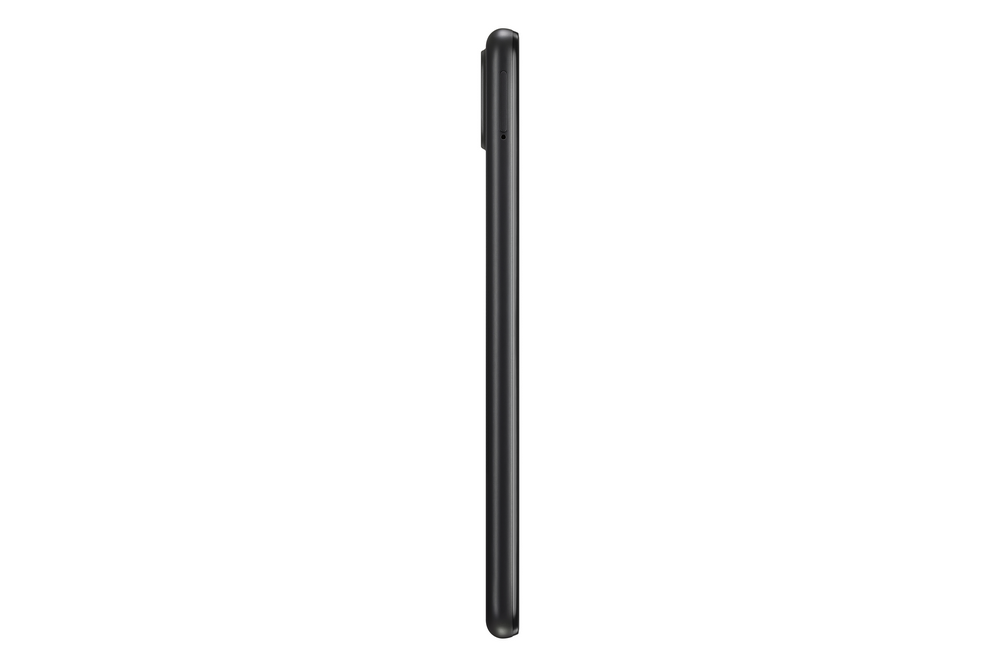 Vista de perfil de un smartphone negro. Diseño limpio y elegante con fondo blanco.
