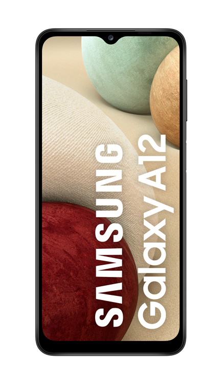 Teléfono Samsung Galaxy A12. La pantalla muestra un fondo abstracto colorido. Marco negro.