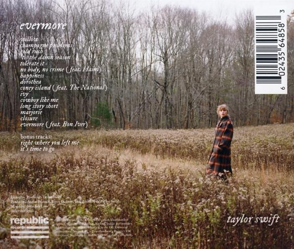 Albumcover für 'evermore' von Taylor Swift. Eine Frau in einem Feld mit hohem Gras.