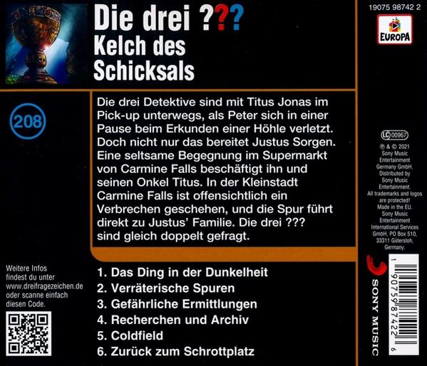 Rückseite einer CD mit Text und Logo für "Die drei ???" und "Europa."