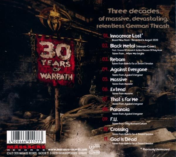 CD-Cover mit Text und einem Banner mit der Aufschrift 30 JAHRE WARPATH.