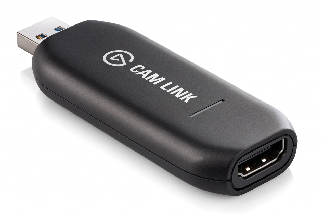 Zwarte Elgato Cam Link met het Cam Link-logo en een USB- en HDMI-connector.