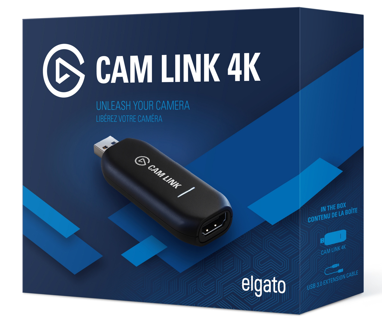 Elgato Cam Link 4K-doos met een zwart apparaat en kabel.