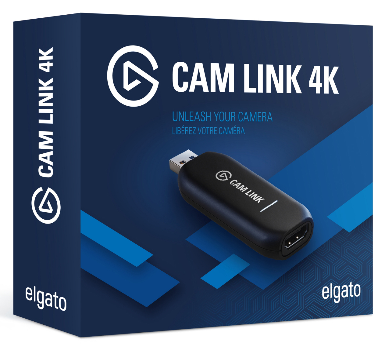Cam Link 4K-doos met een zwart cam link-apparaat, op een witte achtergrond.