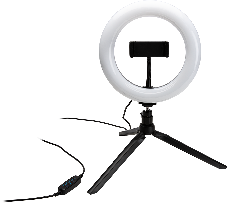 Een zwarte ringlamp met een telefoonhouder en een statief.