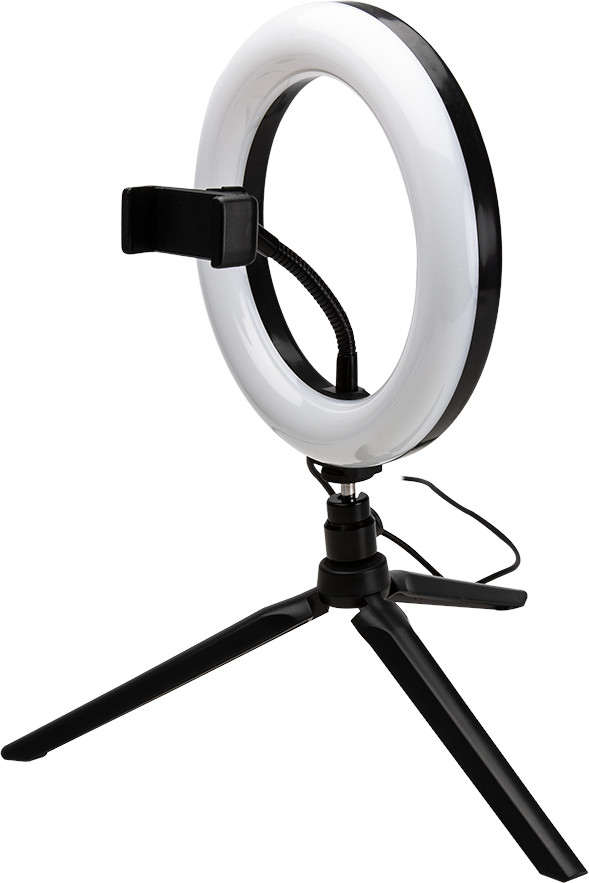 Een ringlicht op een statief met een telefoonhouder en een zwart netsnoer.