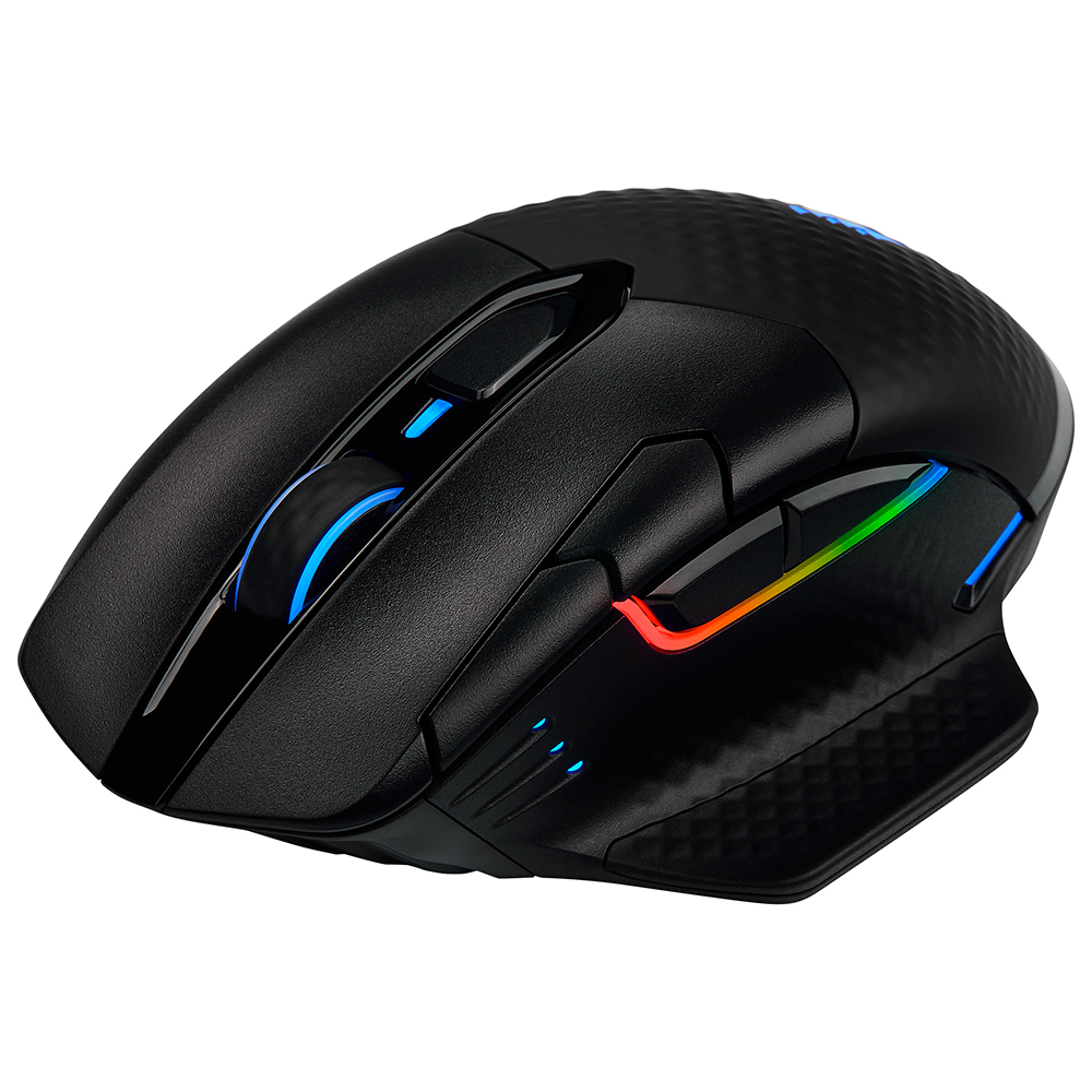 Zwarte gamingmuis met veelkleurige zijlichten en getextureerde gripgebieden.