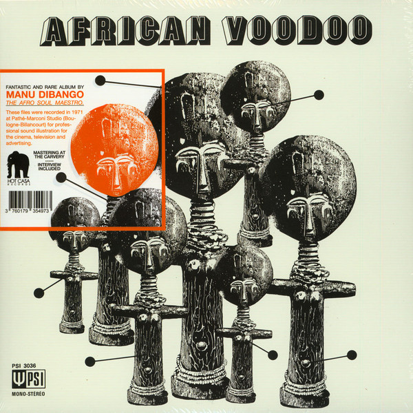 Albumhoes voor 'African Voodoo' van Manu Dibango. Afrikaanse maskers en tekst op witte achtergrond.