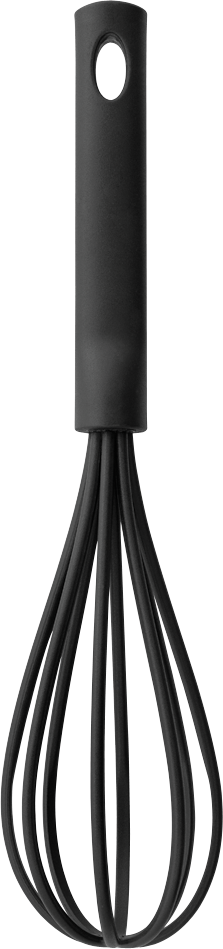 Un fouet noir avec manche noir. Le fouet est fait de boucles de fil.