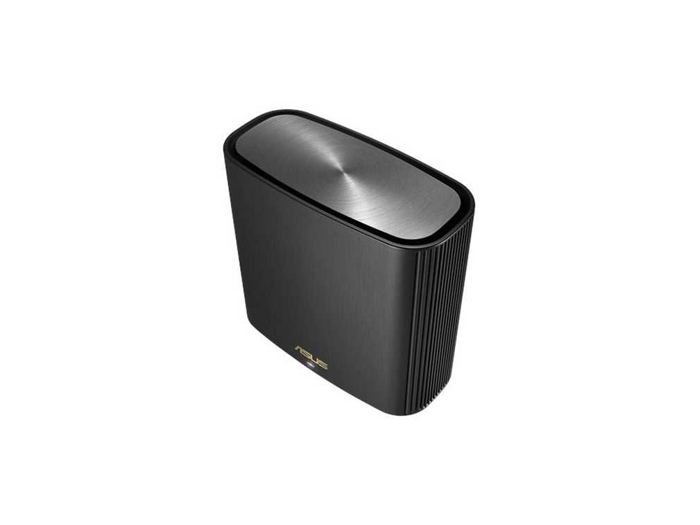 Un enrutador ASUS rectangular negro sobre una superficie blanca.