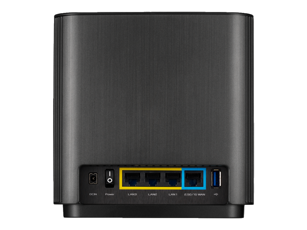 Panel trasero de router negro con puertos LAN, alimentación y USB visibles.