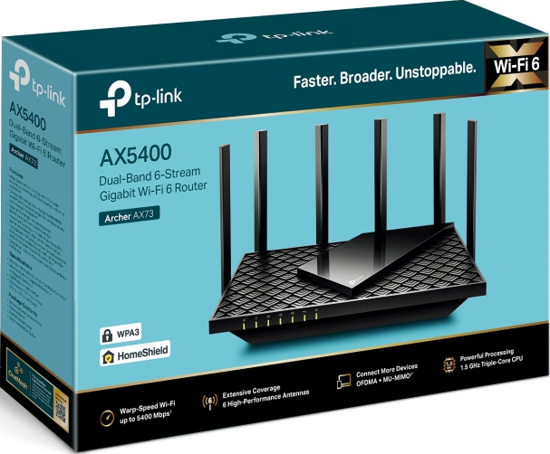 Une boîte turquoise avec un routeur noir. Il possède plusieurs antennes et une étiquette Wi-Fi 6.