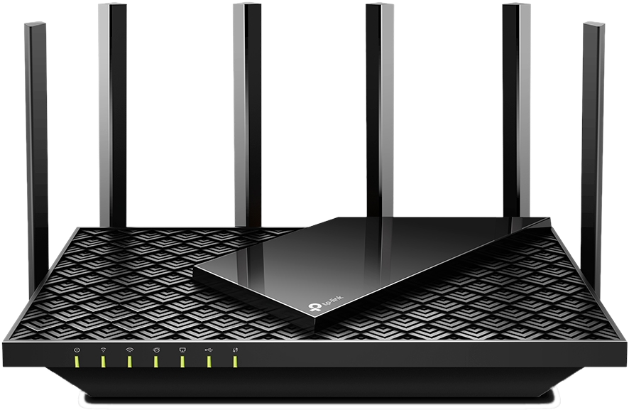 Routeur TP-Link noir avec antennes et témoins lumineux sur fond blanc.
