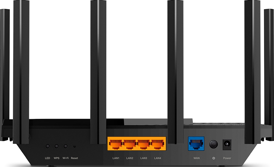 Routeur noir avec six antennes, quatre ports LAN, un port WAN et un bouton d'alimentation.
