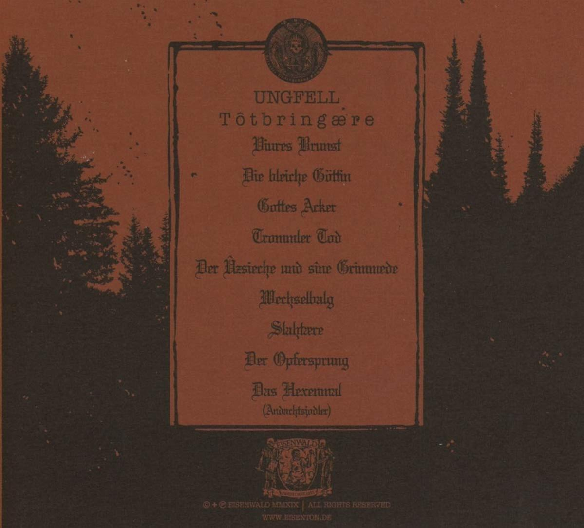 Rückseite eines Black-Metal-Albums. Text im gotischen Stil auf braunem Hintergrund.