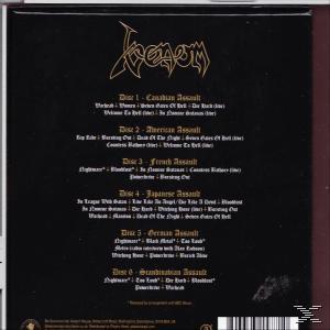 CD-Rückseite, Venom, Trackliste für sechs Discs. Schwarzer Hintergrund.