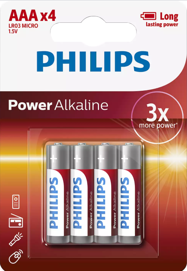 Philips AAA pil paketi. Kırmızı ve beyaz bir blister ambalajda dört pil görünür.