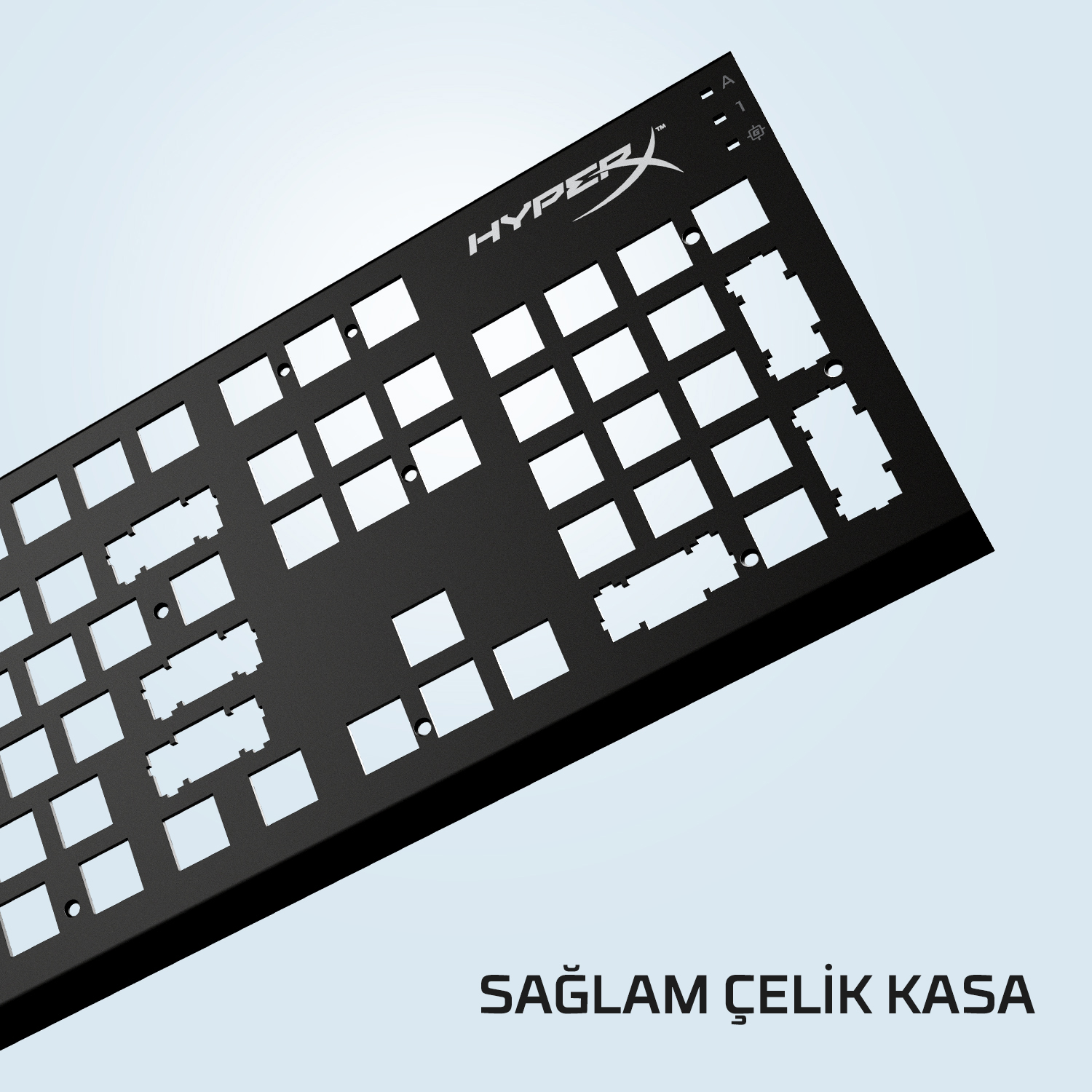 Tuş anahtarı delikleri ve HYPERX kelimesi bulunan siyah bir klavye tabanı.