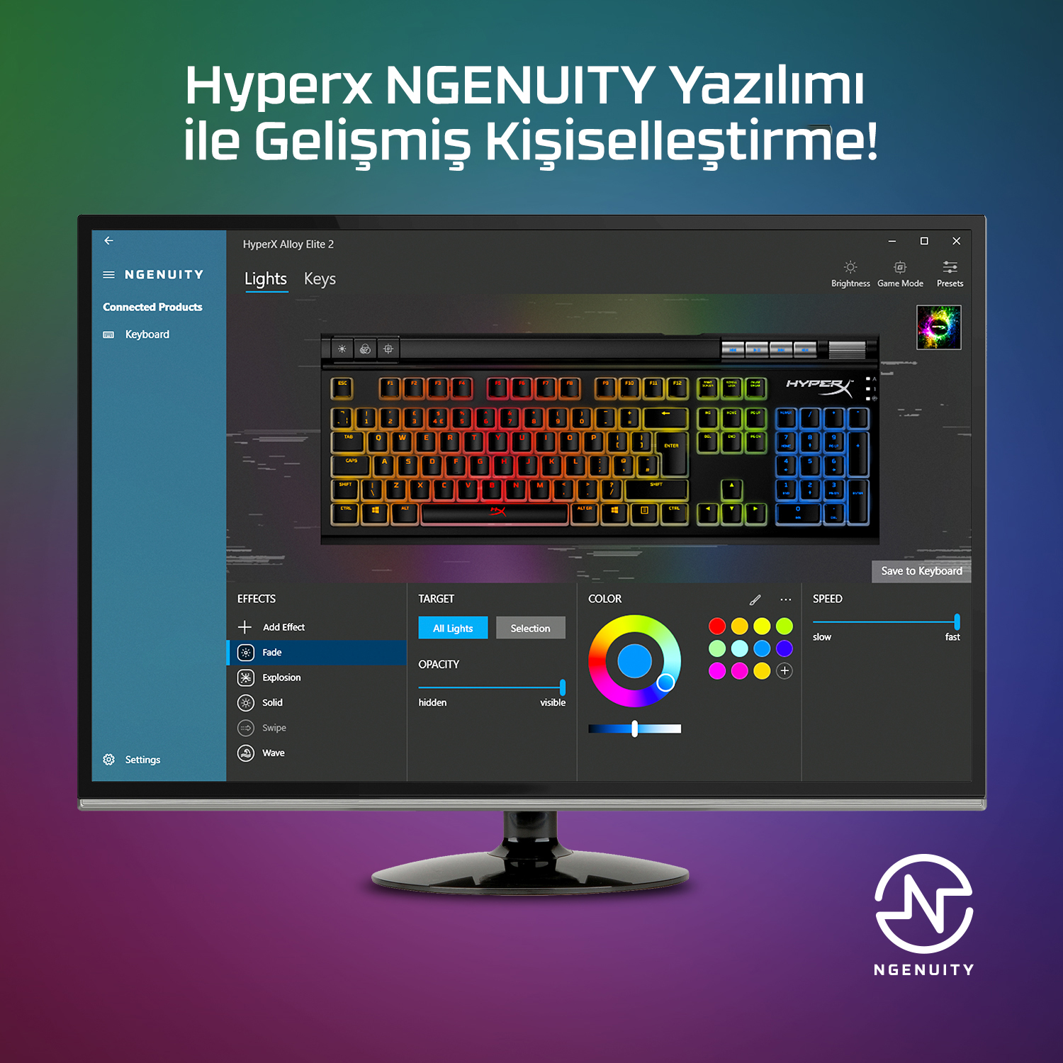 Renklerle bir klavye özelleştirme arayüzü gösteren bir bilgisayar monitörü.