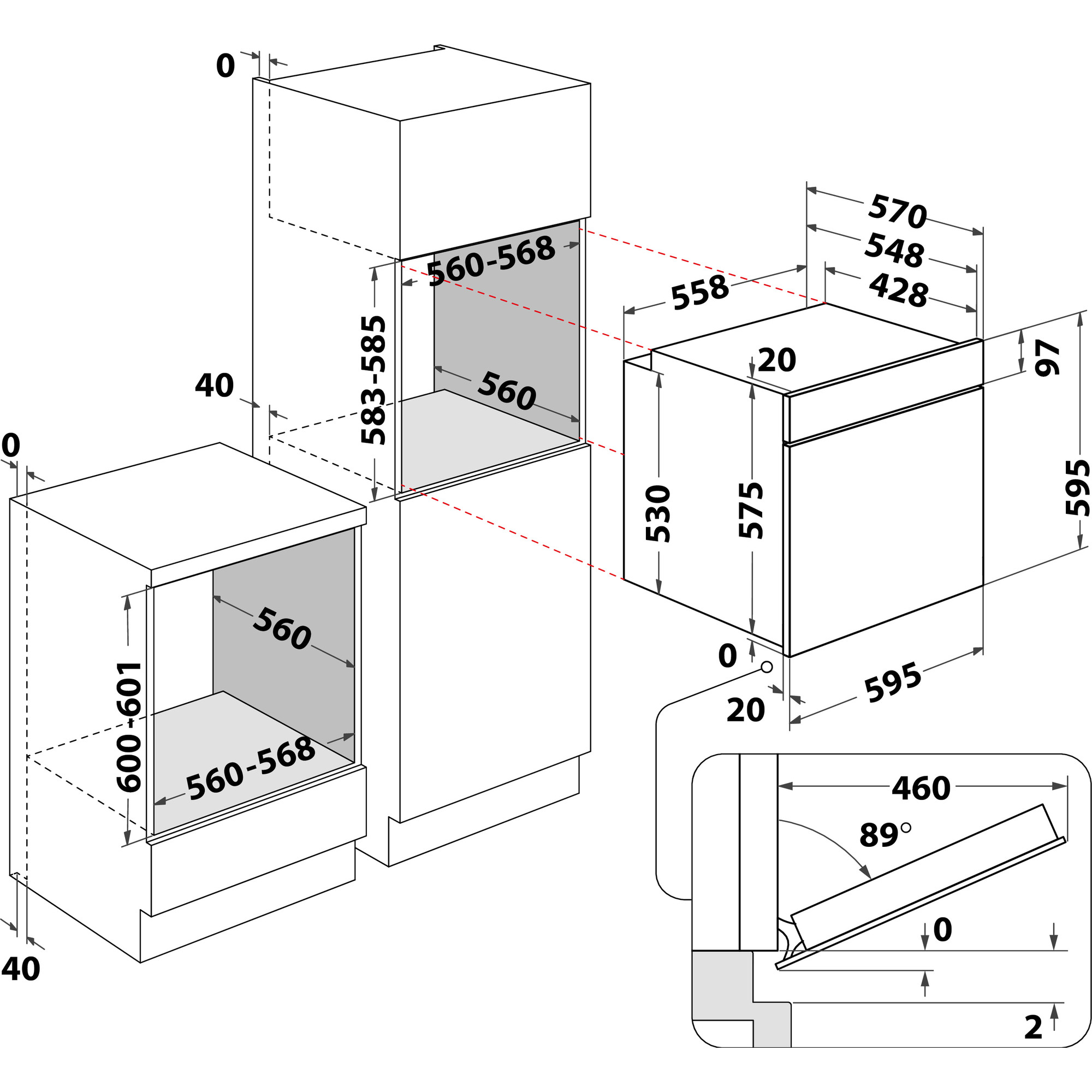 Diagramm eines Einbauofens mit Maßen und Beschriftungen.