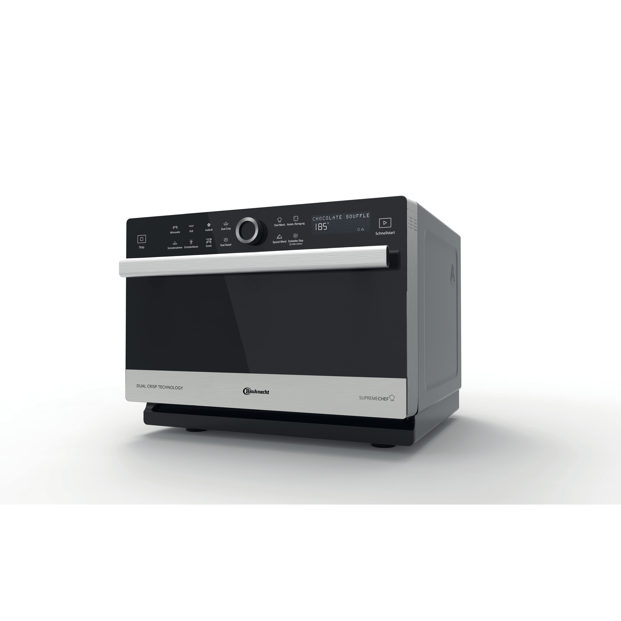 Ofen mit Digitalanzeige, schwarz und silber. Dual-Crisp-Technologie. Schokoladen-Soufflé-Einstellung.