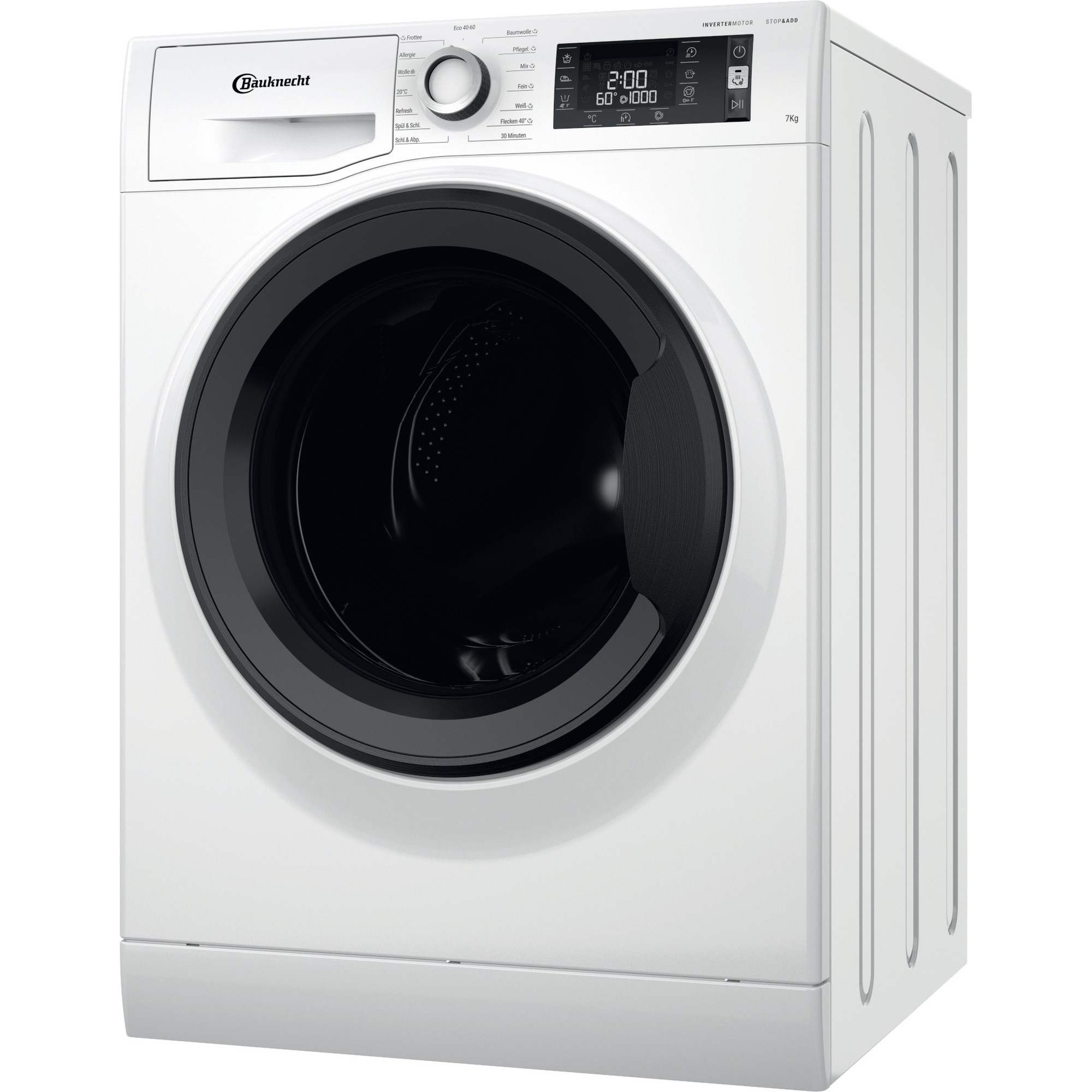 Weiße Waschmaschine. Vorderansicht. Schwarze Tür und Bedienfeld. Weißer Hintergrund.