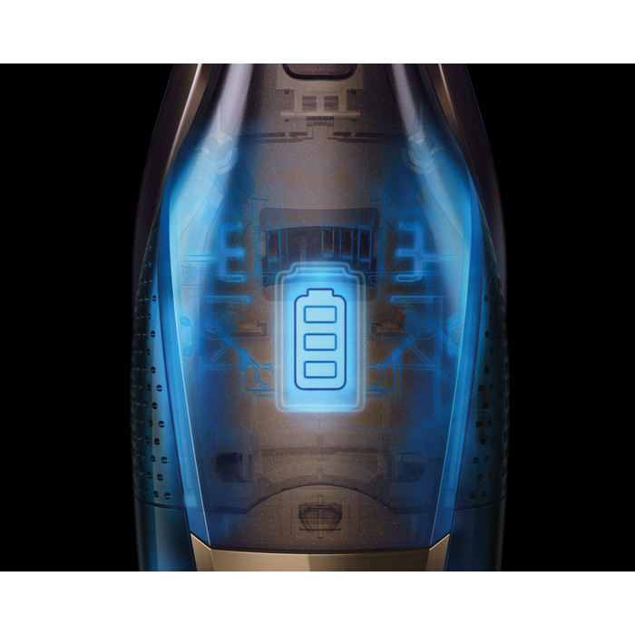 Transparentes Gerät mit Batterieanzeige. Akkusymbol leuchtet blau. Der Hintergrund ist schwarz.