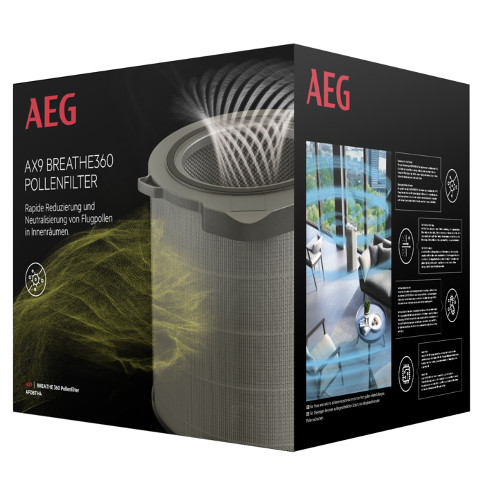 AEG Luftreinigerbox mit Text und Grafiken, die den Filter und eine Innenraumszene zeigen.