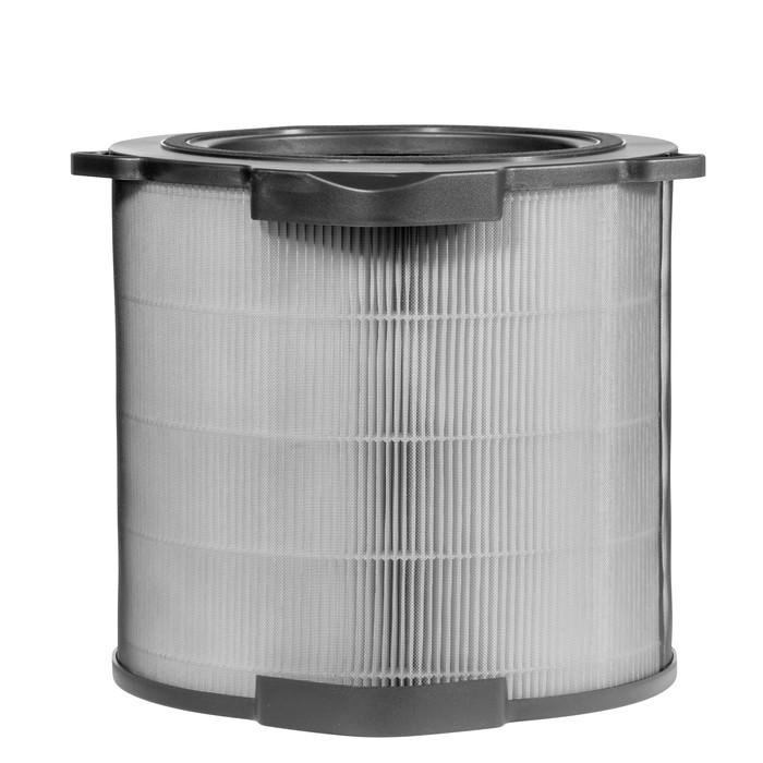Zylindrischer Luftfilter mit dunklem Rahmen und hellgrauem Filtermaterial.