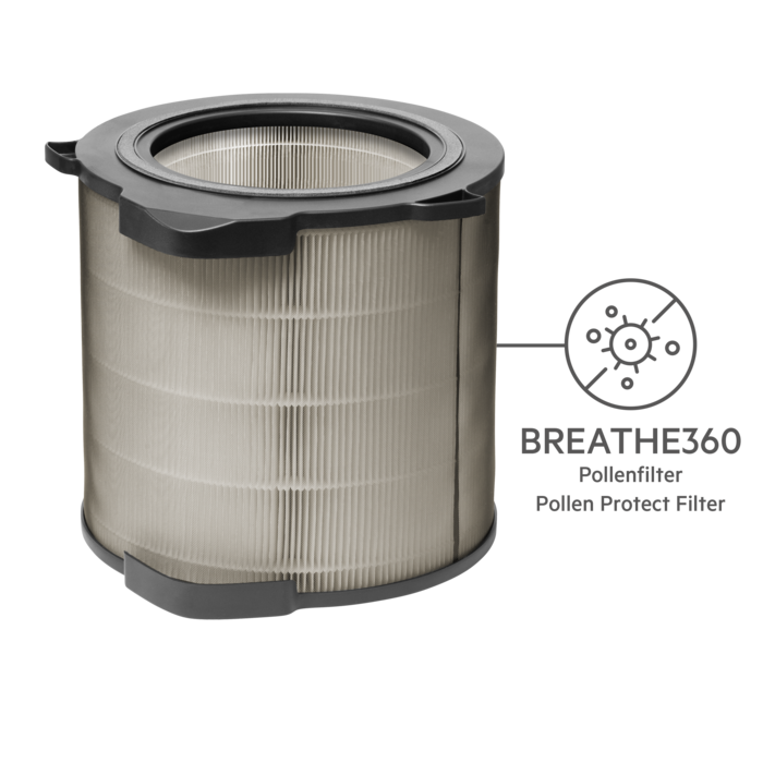 Zylindrischer Luftfilter mit einem Pollenfilter-Etikett.