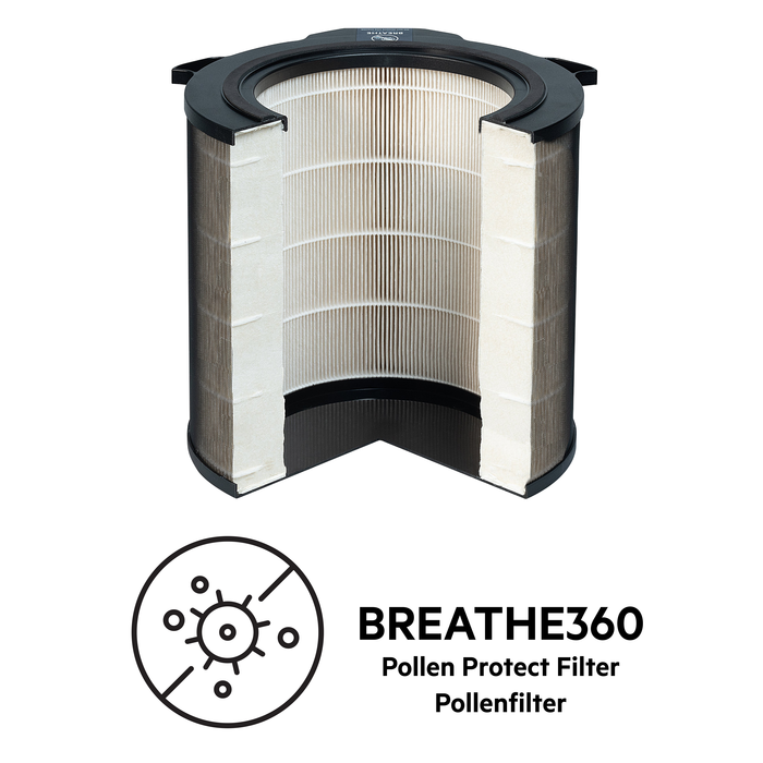 Schnittansicht eines Luftfilters mit geschichtetem weißen Filtermedium und schwarzem Rahmen. Text darunter: 'Breathe360'.