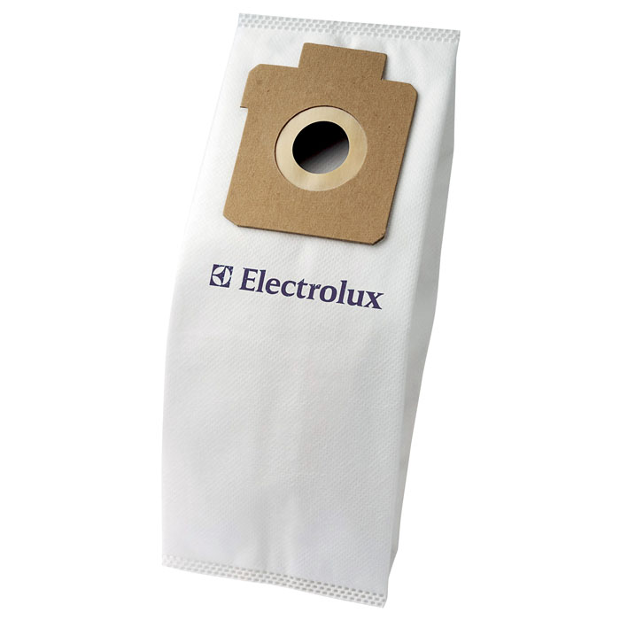 Weißer Staubsaugerbeutel mit braunem Kartondeckel. Electrolux-Logo auf dem Beutel. Weißer Hintergrund.