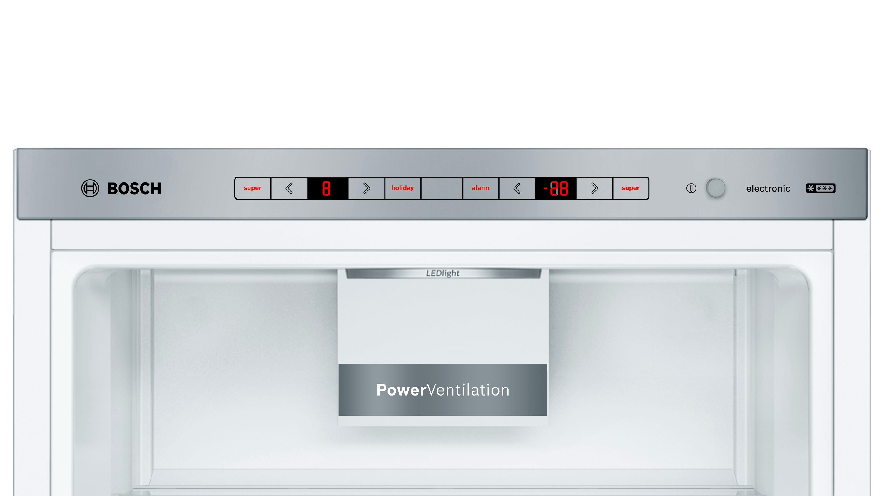 Bosch refrigerator control panel. Displays numbers and symbols. The inside of the fridge is visible.