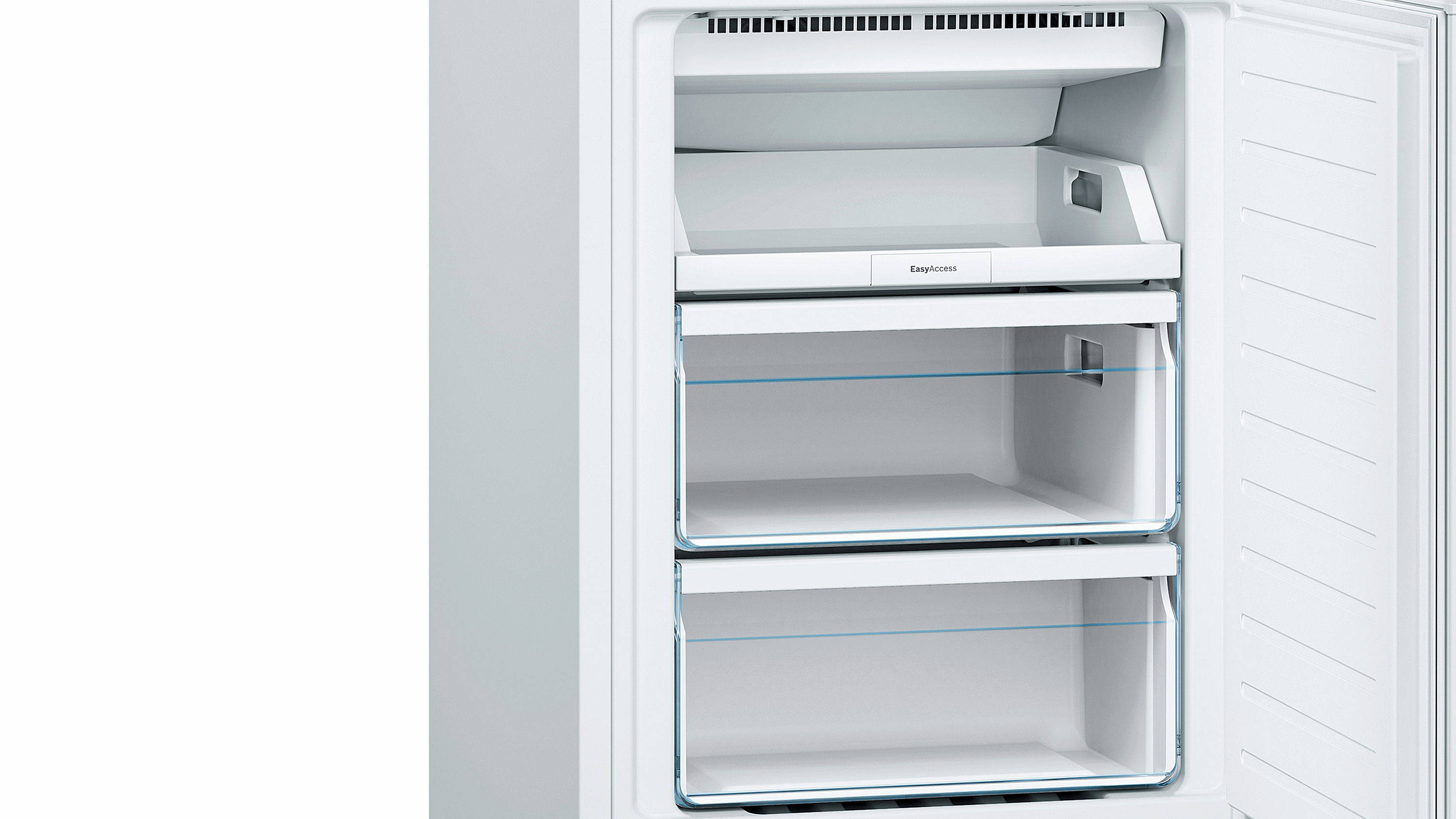 Open white freezer, with two transparent drawers and a top shelf, white interior.