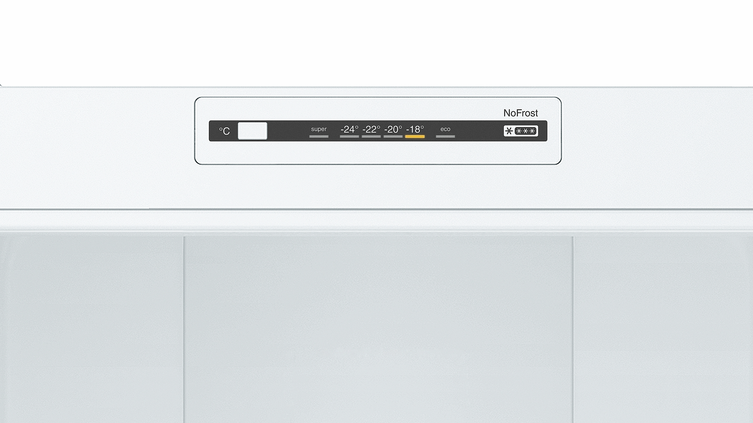White refrigerator control panel with temperature settings and NuFrost indicator.