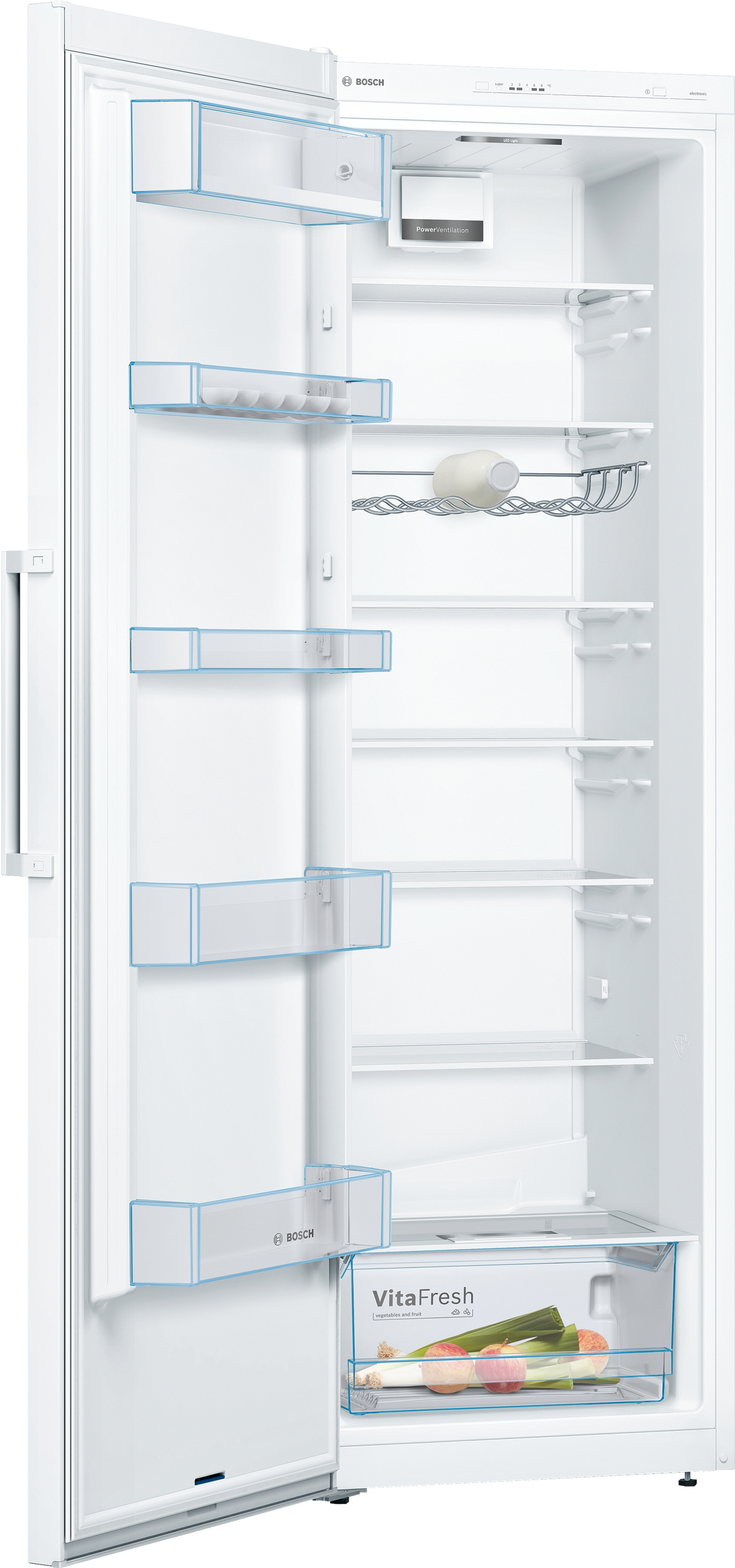 White Bosch refrigerator with open door, interior visible, shelves.
