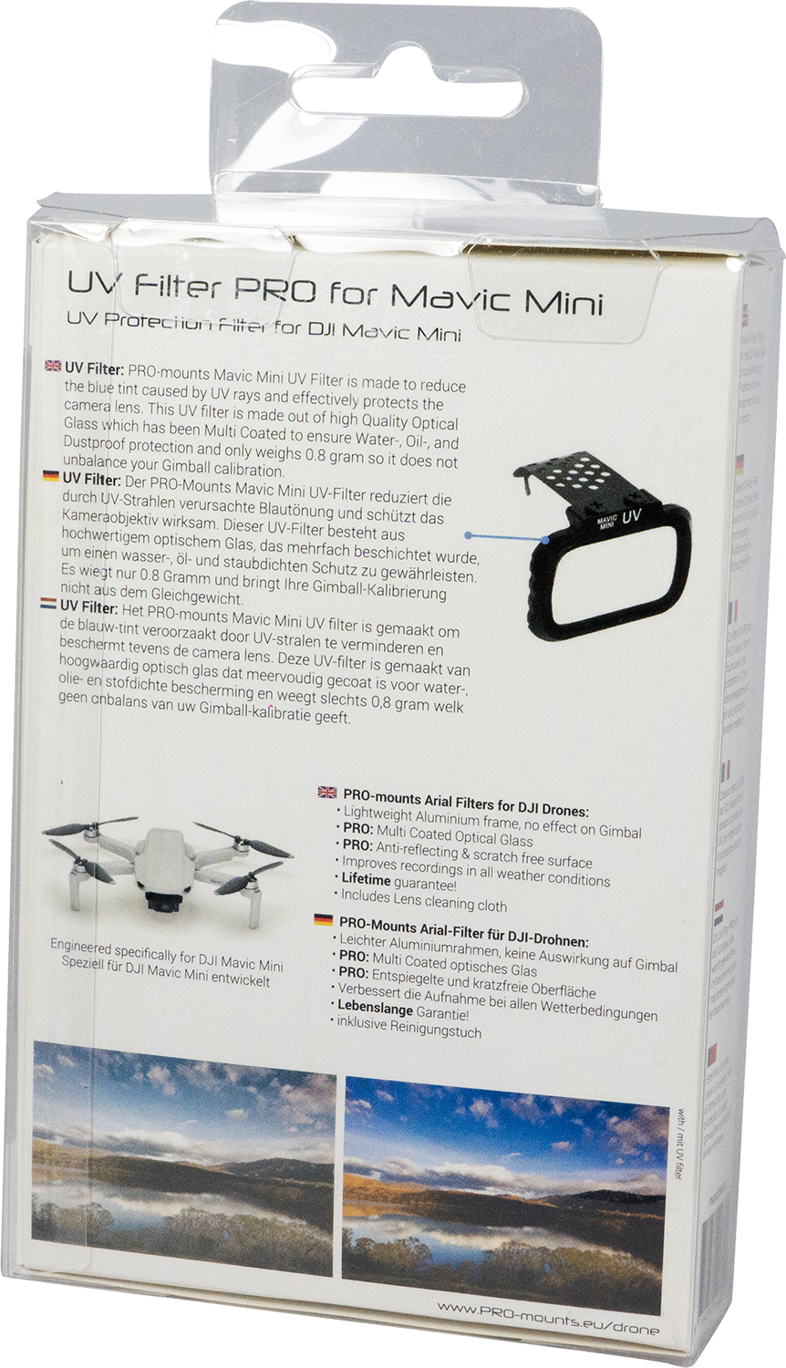 Box with UV filter for Mavic Mini, text details, drone in the background.