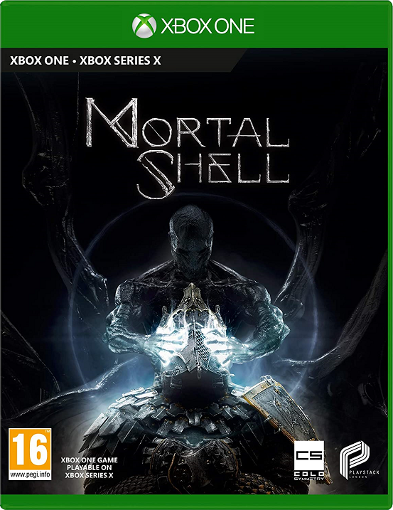 Mortal Shell videogamecover. Een donkere figuur met een zwaard, met een donkere achtergrond. Xbox One.