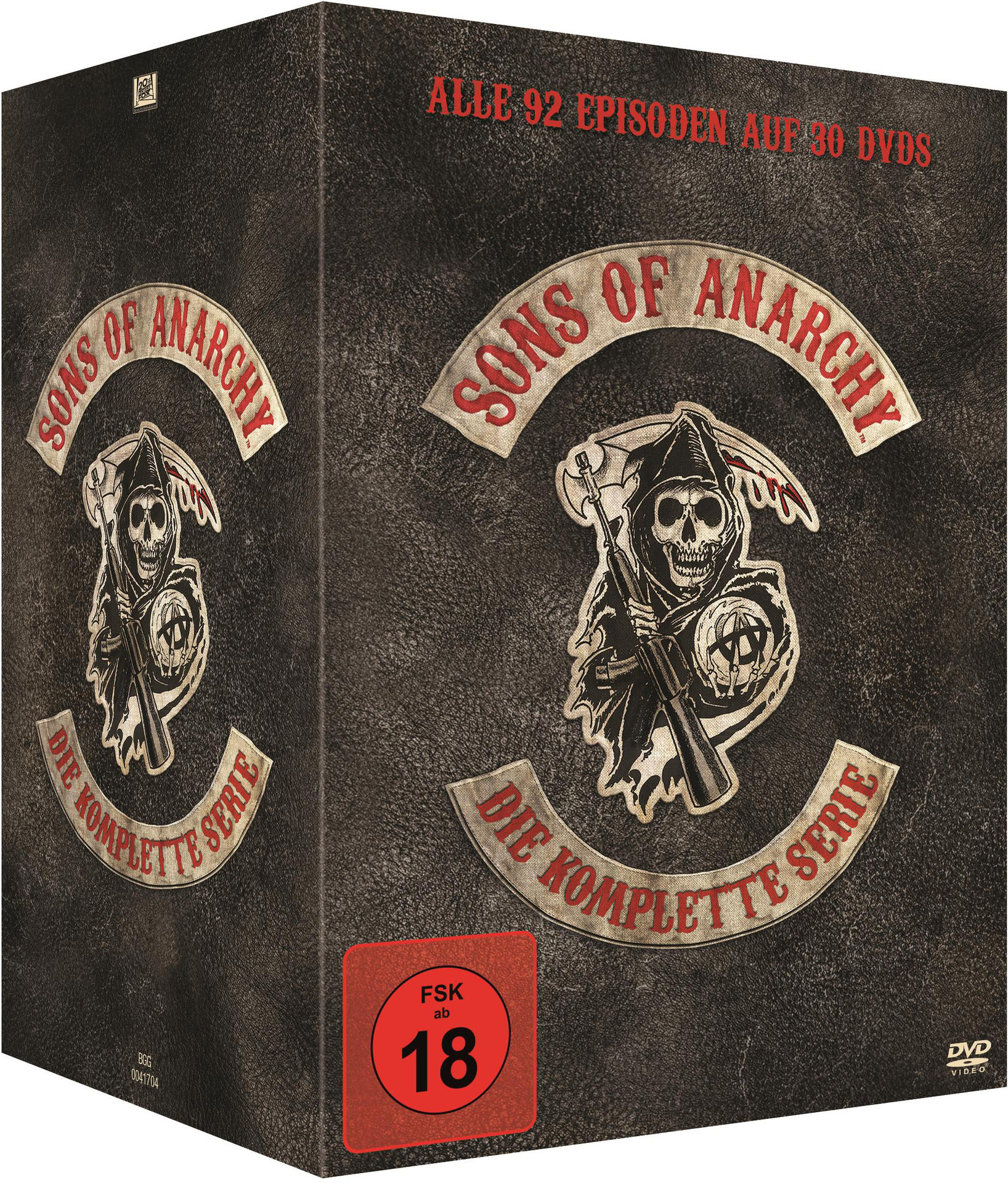 DVD-Box-Set. Totenkopf, Motorrad und Titel 'Sons of Anarchy'. Schwarz und Grau.