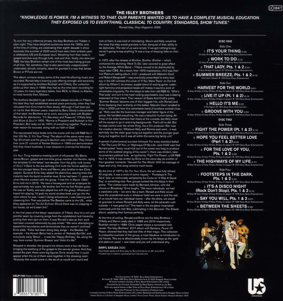 Albumcover mit Text und Titelliste; Album der Isley Brothers: Knowledge is Power.